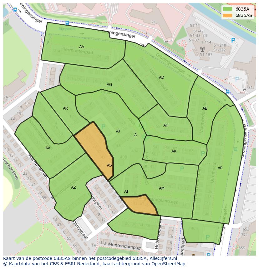 Afbeelding van het postcodegebied 6835 AS op de kaart.
