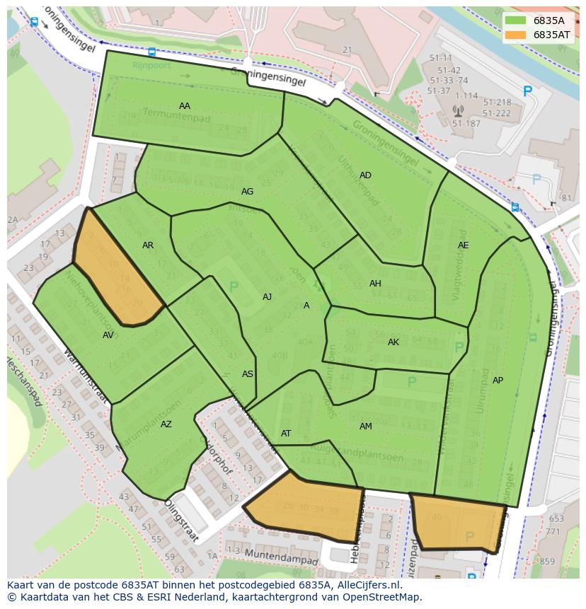 Afbeelding van het postcodegebied 6835 AT op de kaart.