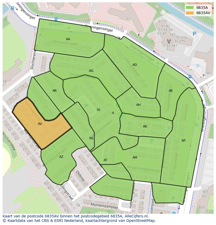 Afbeelding van het postcodegebied 6835 AV op de kaart.