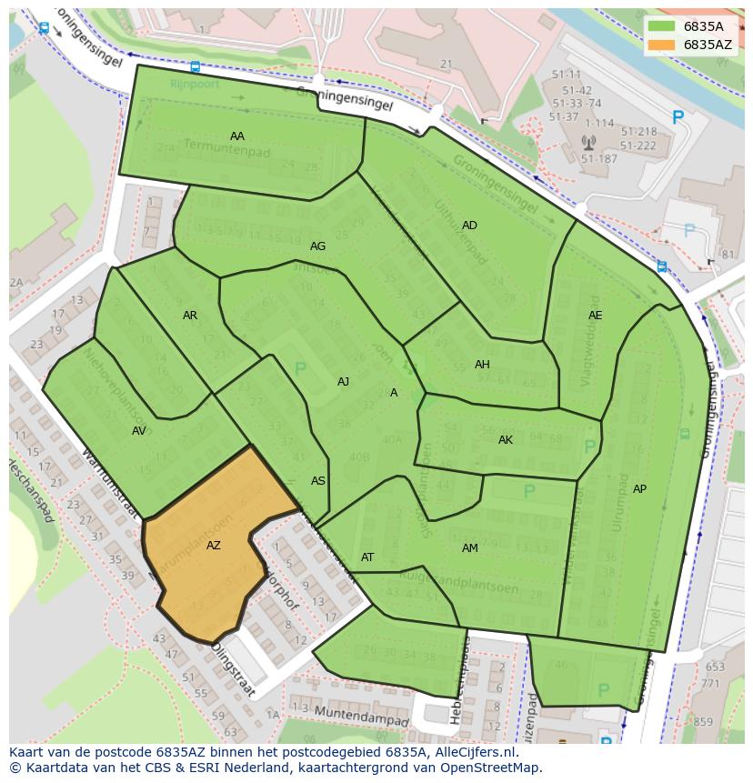 Afbeelding van het postcodegebied 6835 AZ op de kaart.