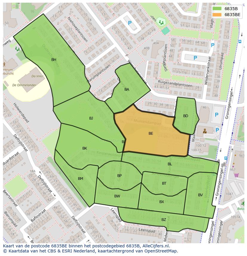 Afbeelding van het postcodegebied 6835 BE op de kaart.