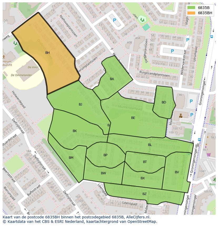 Afbeelding van het postcodegebied 6835 BH op de kaart.