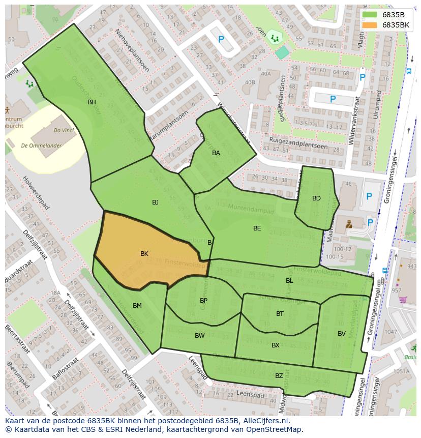 Afbeelding van het postcodegebied 6835 BK op de kaart.