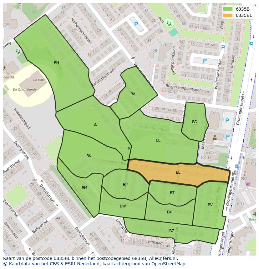 Afbeelding van het postcodegebied 6835 BL op de kaart.