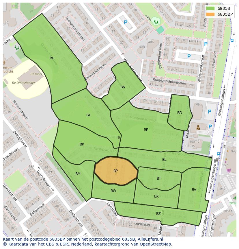 Afbeelding van het postcodegebied 6835 BP op de kaart.