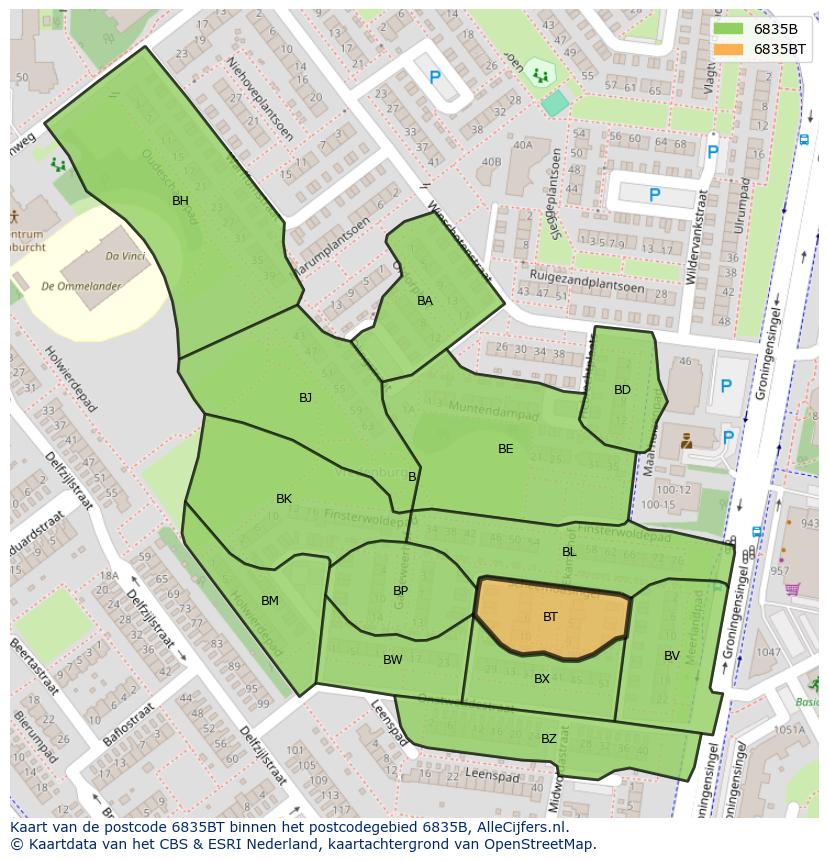 Afbeelding van het postcodegebied 6835 BT op de kaart.