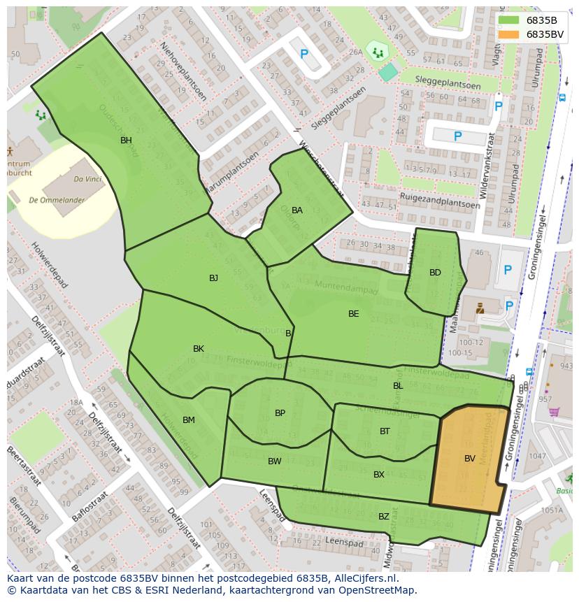Afbeelding van het postcodegebied 6835 BV op de kaart.