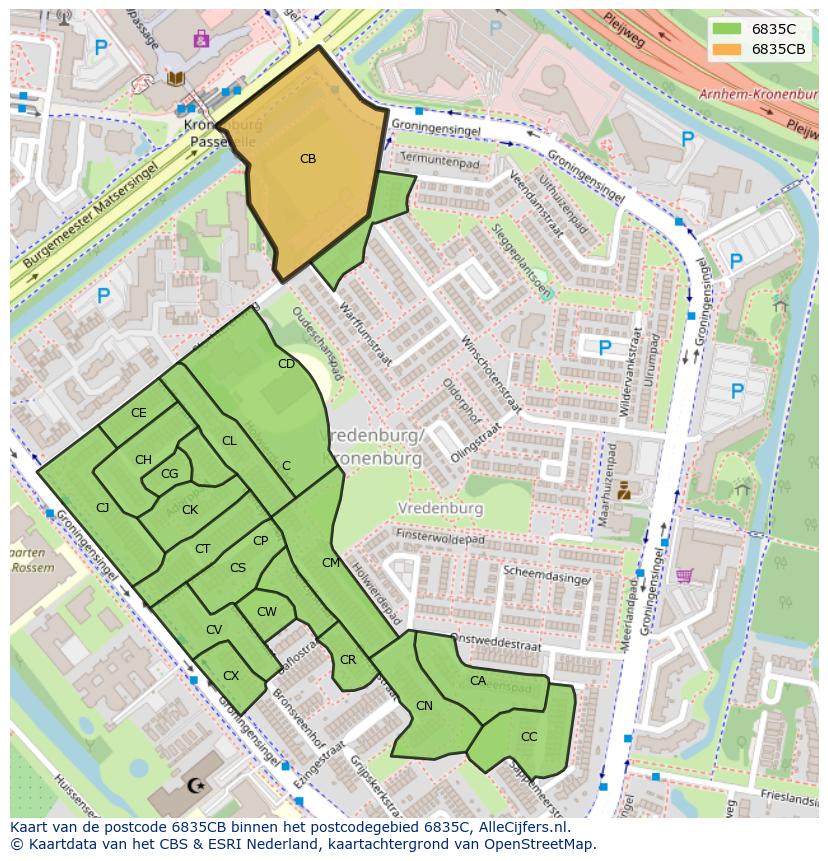 Afbeelding van het postcodegebied 6835 CB op de kaart.