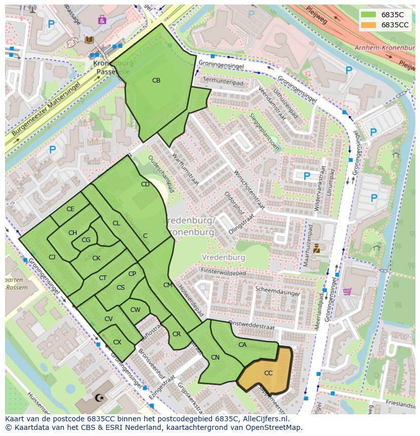 Afbeelding van het postcodegebied 6835 CC op de kaart.