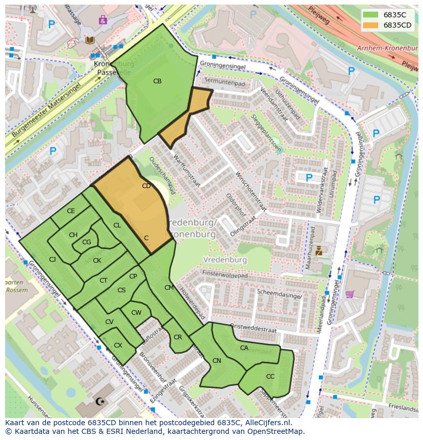 Afbeelding van het postcodegebied 6835 CD op de kaart.