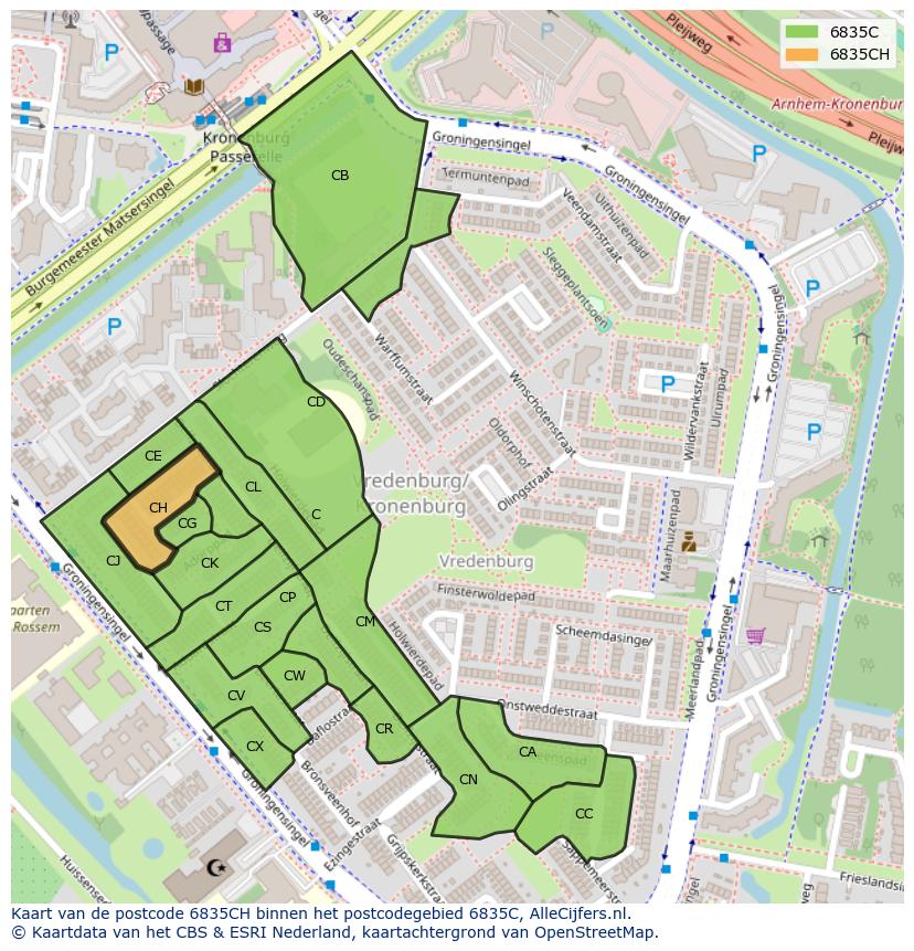 Afbeelding van het postcodegebied 6835 CH op de kaart.