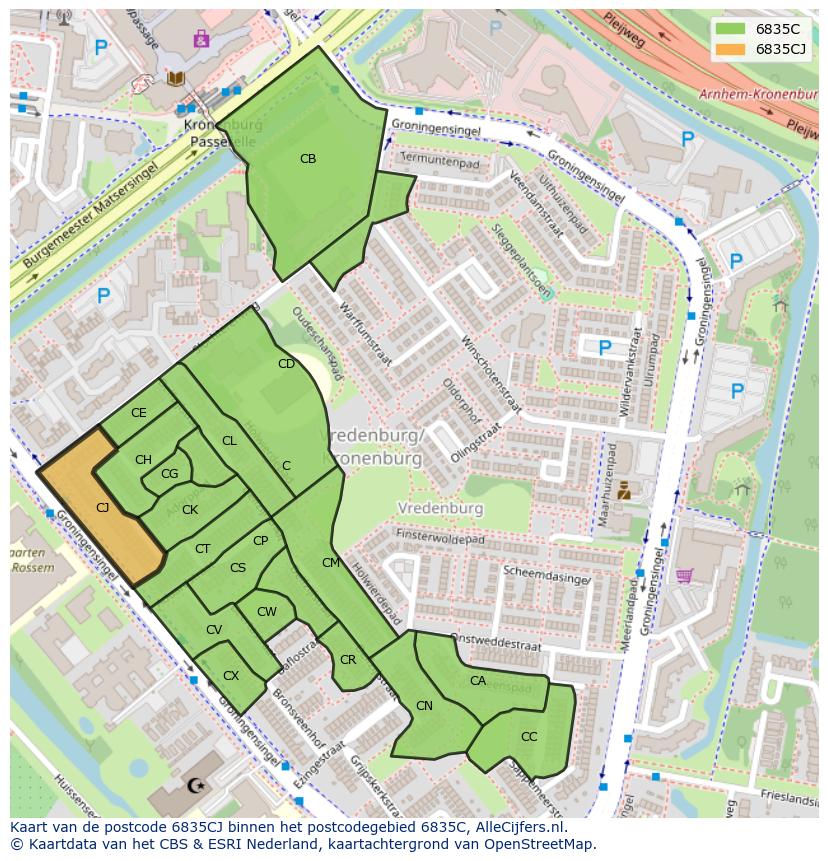 Afbeelding van het postcodegebied 6835 CJ op de kaart.