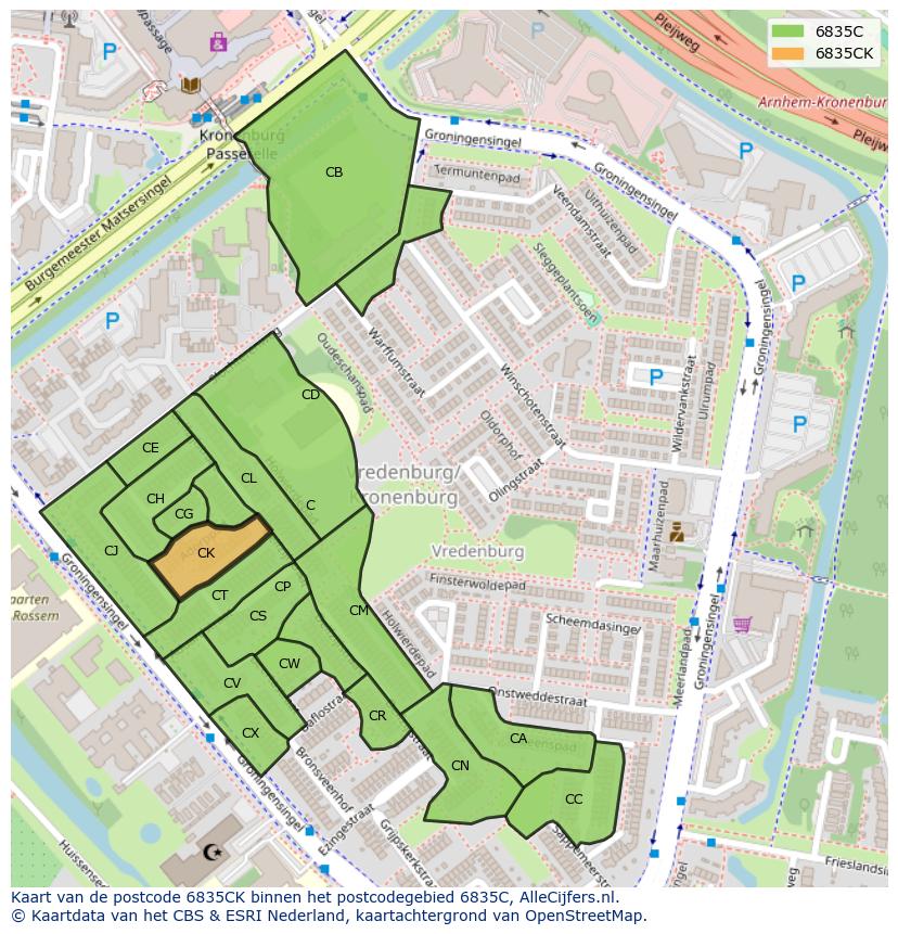 Afbeelding van het postcodegebied 6835 CK op de kaart.