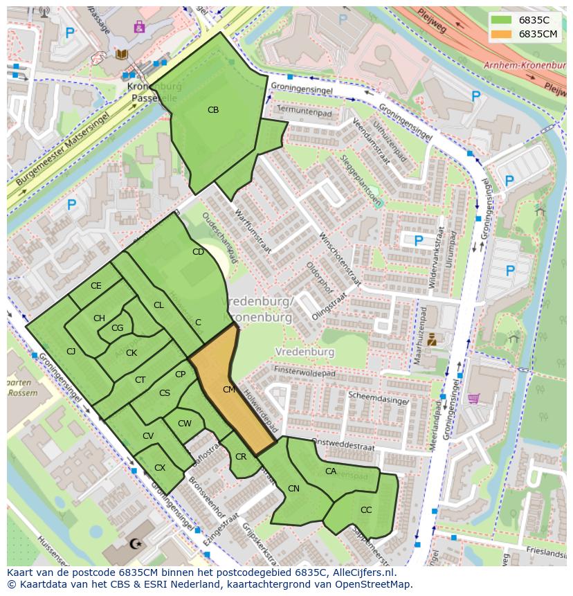 Afbeelding van het postcodegebied 6835 CM op de kaart.