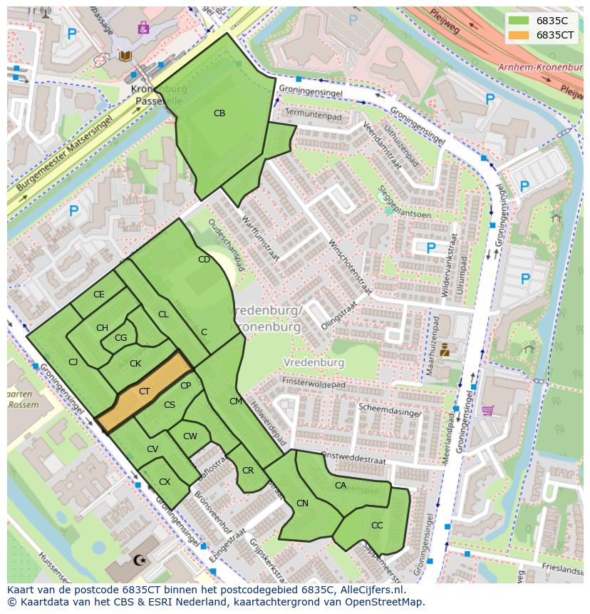 Afbeelding van het postcodegebied 6835 CT op de kaart.