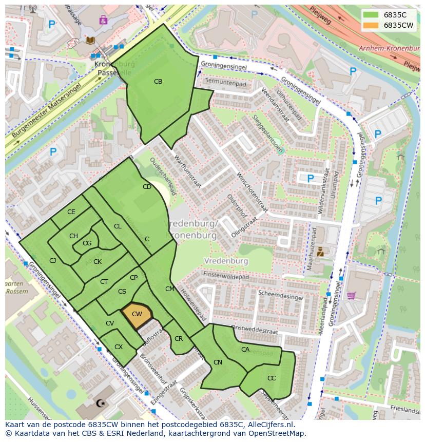 Afbeelding van het postcodegebied 6835 CW op de kaart.