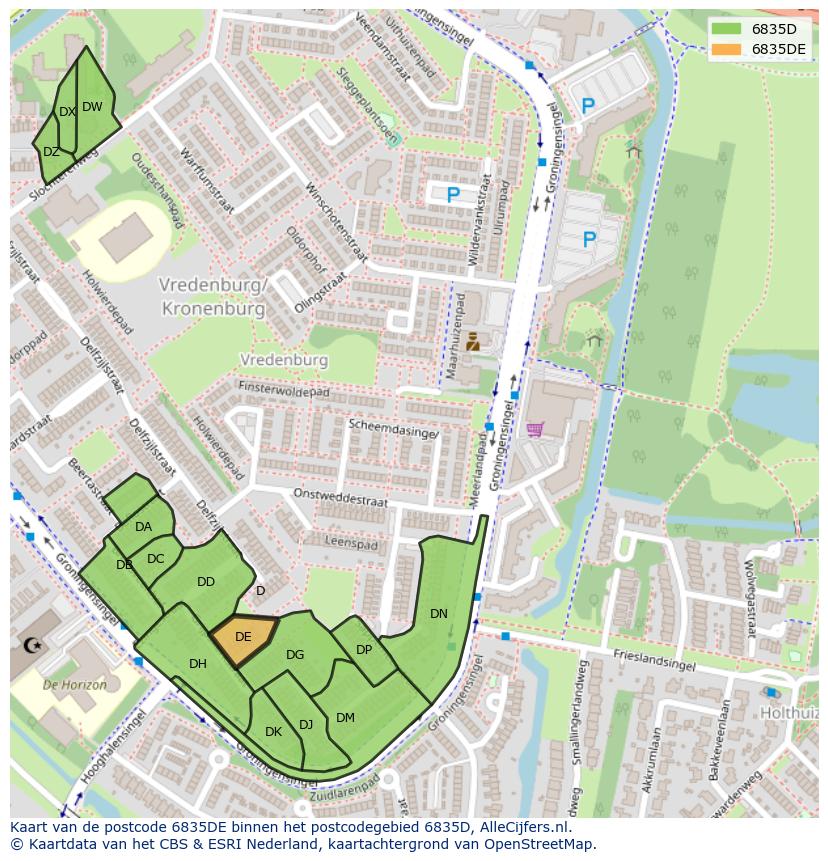 Afbeelding van het postcodegebied 6835 DE op de kaart.