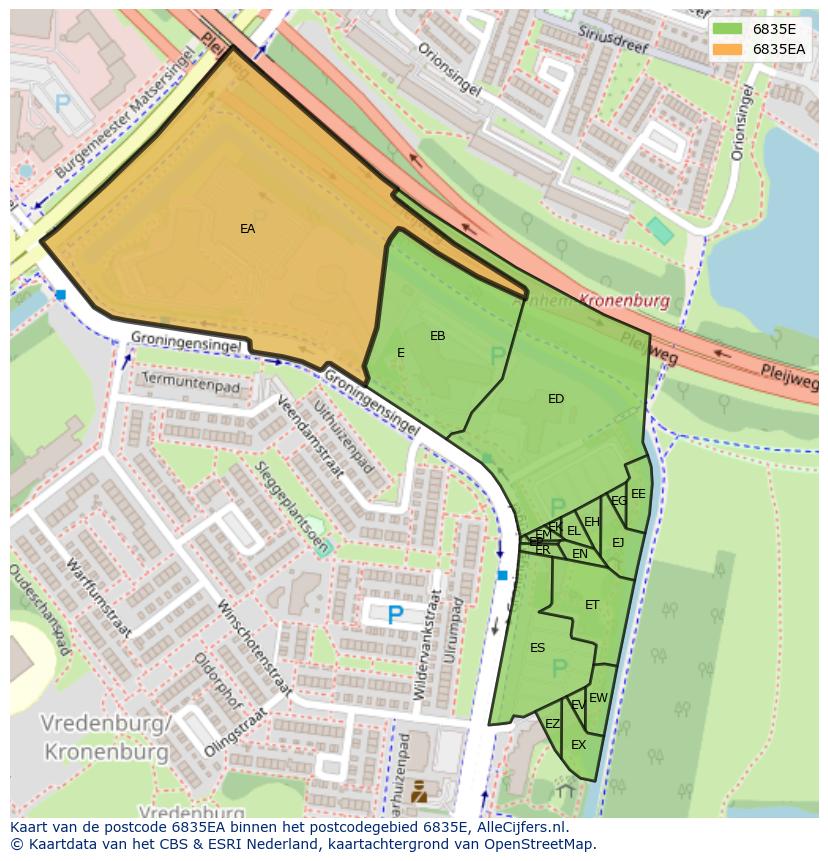 Afbeelding van het postcodegebied 6835 EA op de kaart.