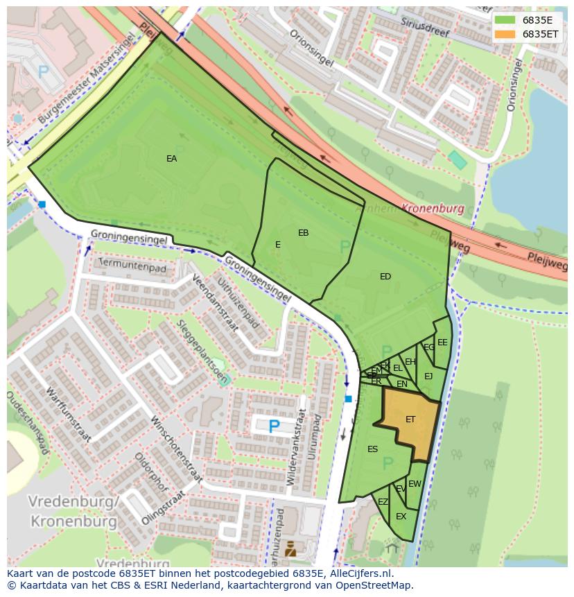Afbeelding van het postcodegebied 6835 ET op de kaart.