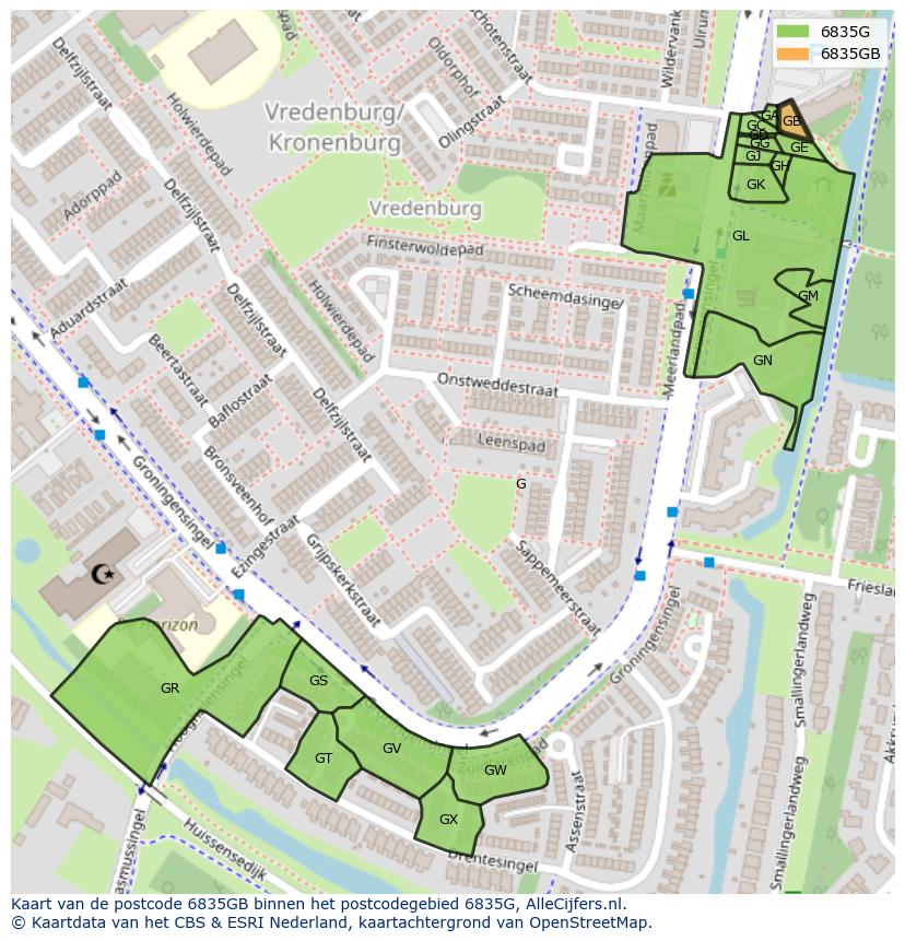 Afbeelding van het postcodegebied 6835 GB op de kaart.