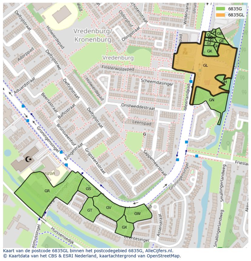 Afbeelding van het postcodegebied 6835 GL op de kaart.
