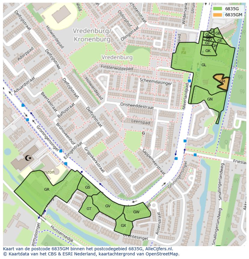 Afbeelding van het postcodegebied 6835 GM op de kaart.