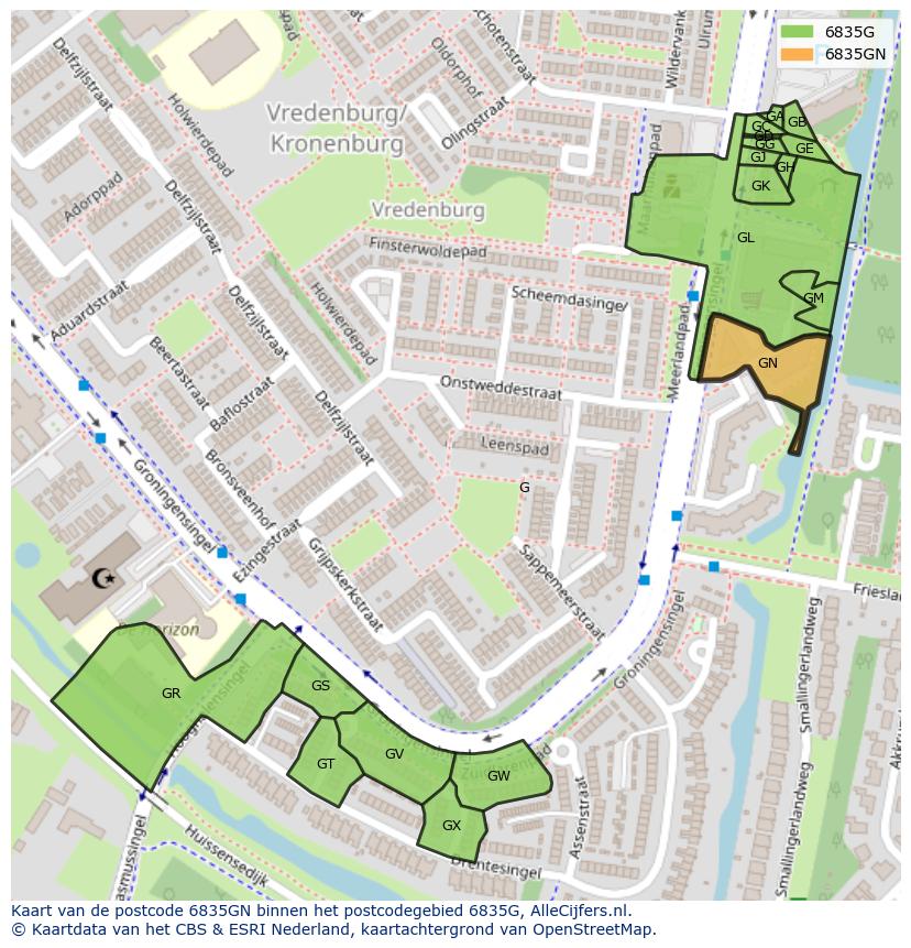 Afbeelding van het postcodegebied 6835 GN op de kaart.