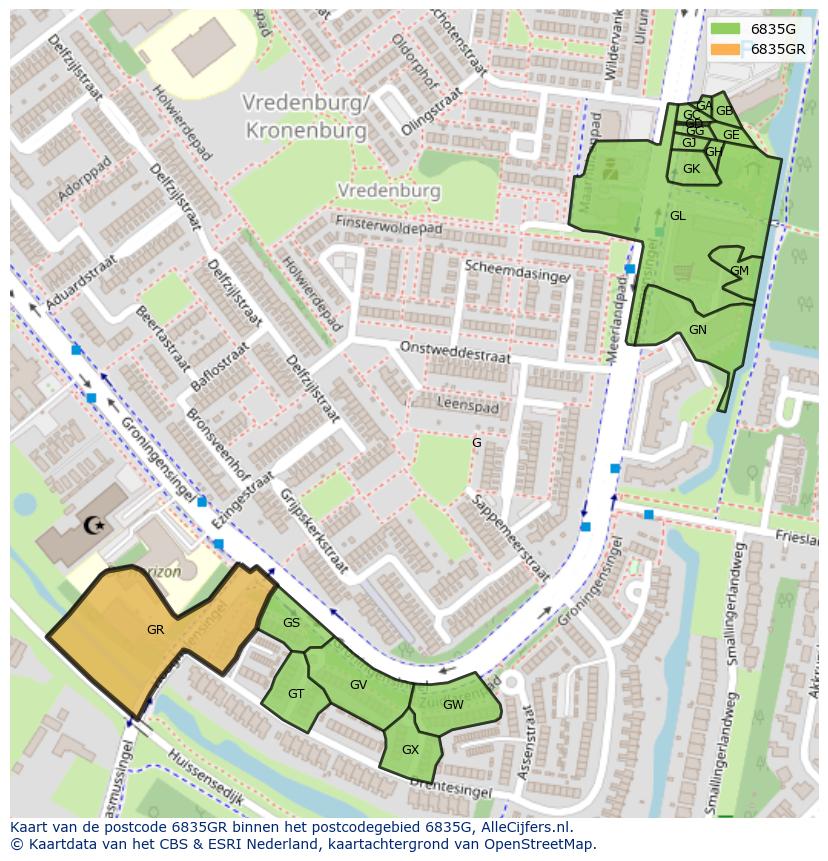 Afbeelding van het postcodegebied 6835 GR op de kaart.