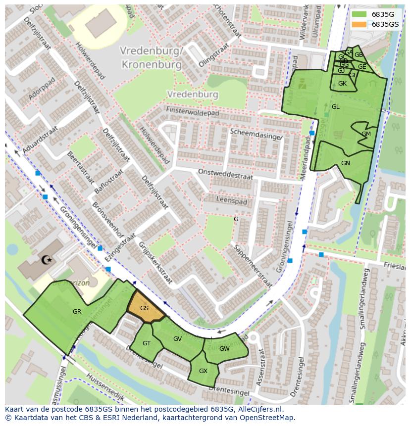 Afbeelding van het postcodegebied 6835 GS op de kaart.