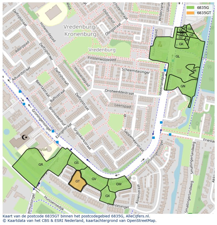 Afbeelding van het postcodegebied 6835 GT op de kaart.