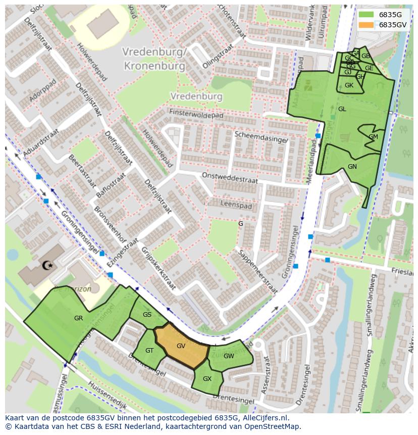 Afbeelding van het postcodegebied 6835 GV op de kaart.