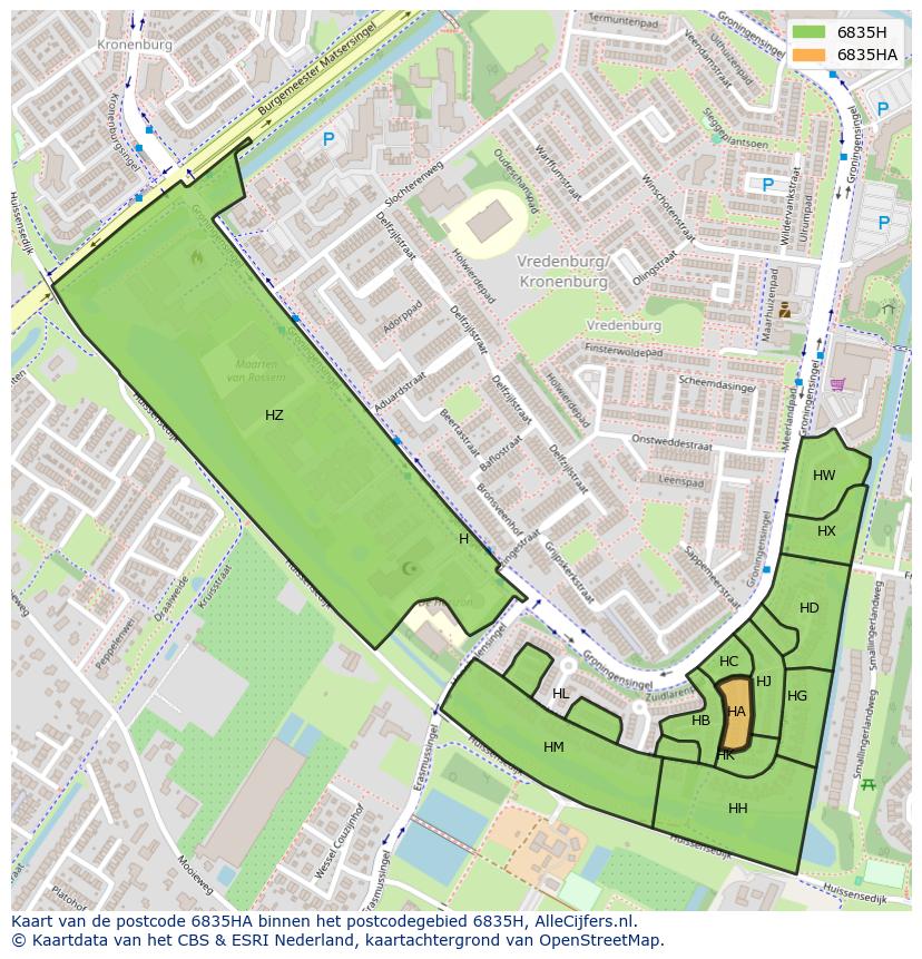 Afbeelding van het postcodegebied 6835 HA op de kaart.