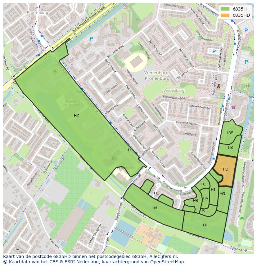 Afbeelding van het postcodegebied 6835 HD op de kaart.