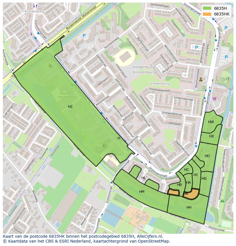 Afbeelding van het postcodegebied 6835 HK op de kaart.