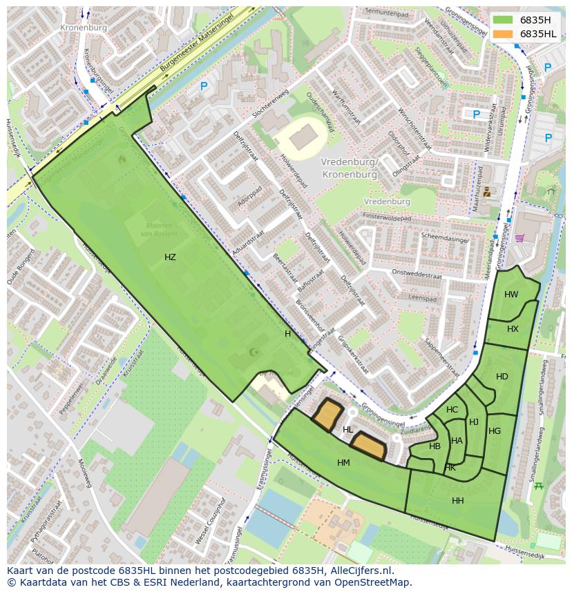 Afbeelding van het postcodegebied 6835 HL op de kaart.