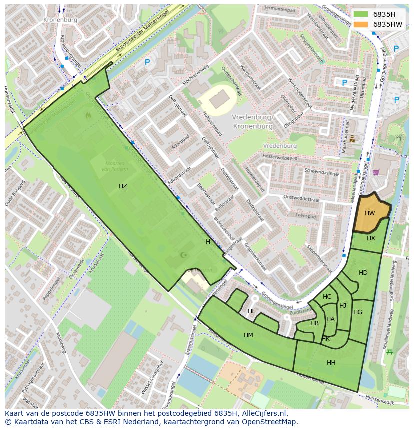 Afbeelding van het postcodegebied 6835 HW op de kaart.