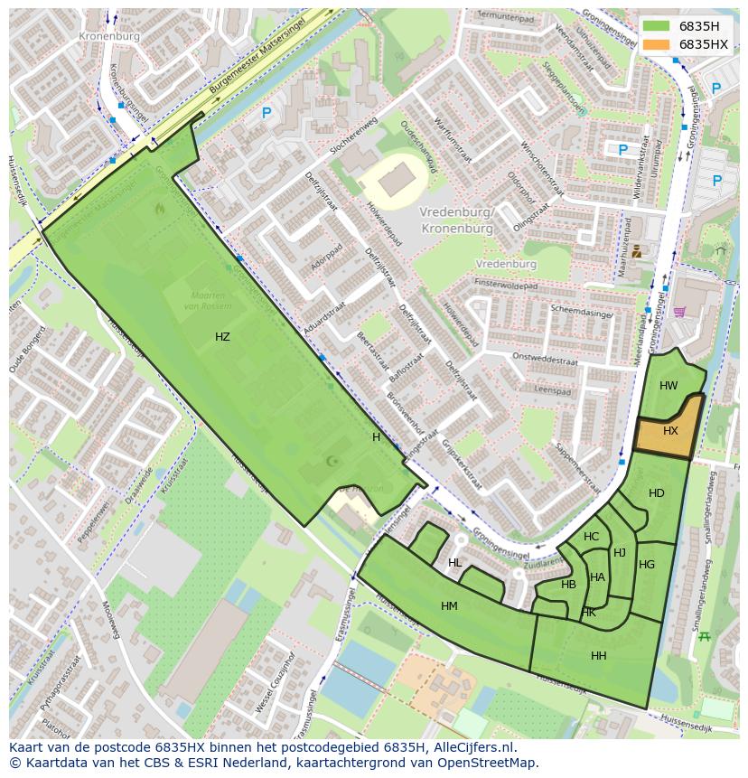 Afbeelding van het postcodegebied 6835 HX op de kaart.