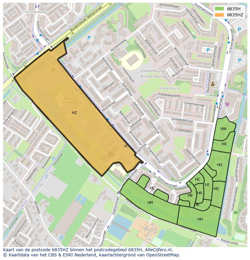 Afbeelding van het postcodegebied 6835 HZ op de kaart.