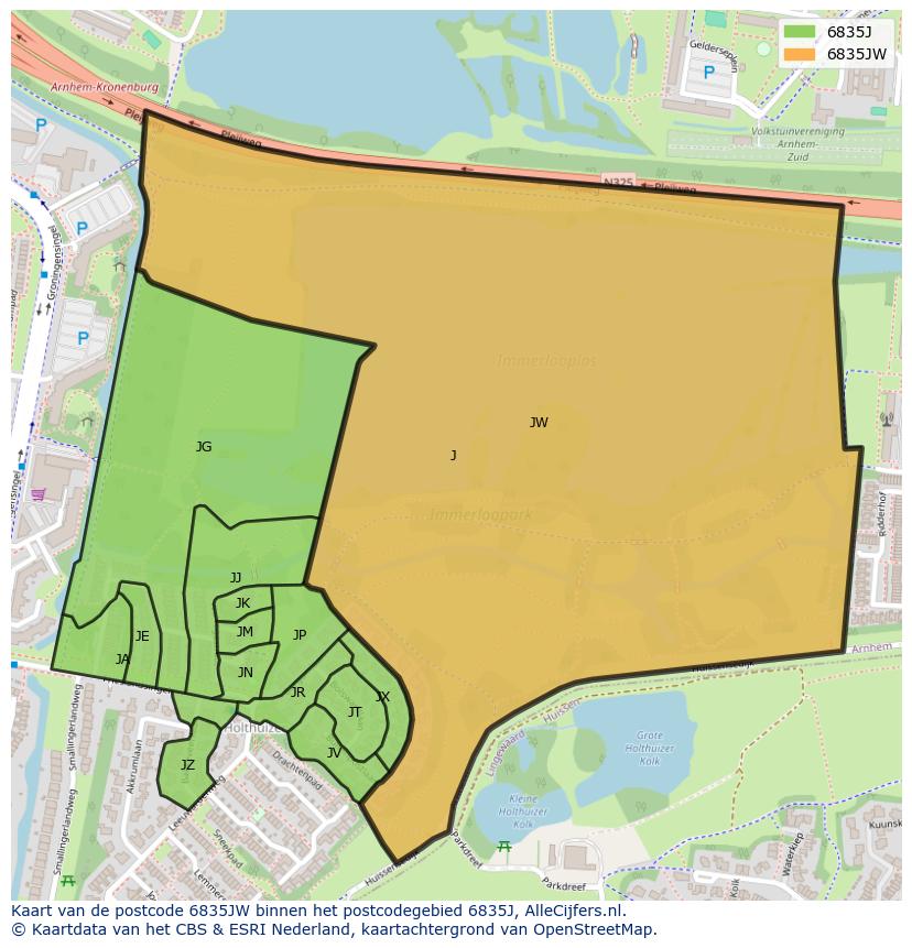 Afbeelding van het postcodegebied 6835 JW op de kaart.