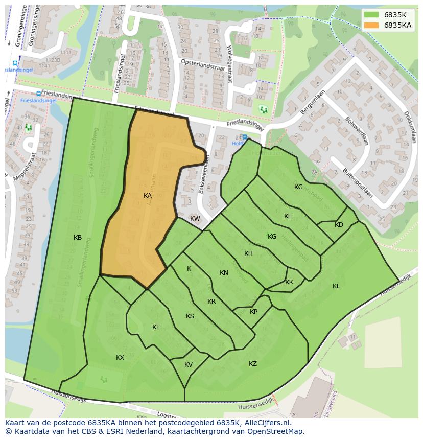 Afbeelding van het postcodegebied 6835 KA op de kaart.