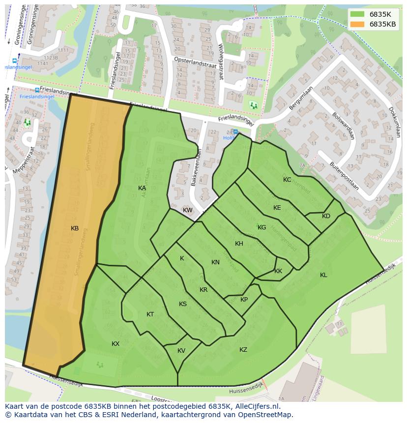 Afbeelding van het postcodegebied 6835 KB op de kaart.