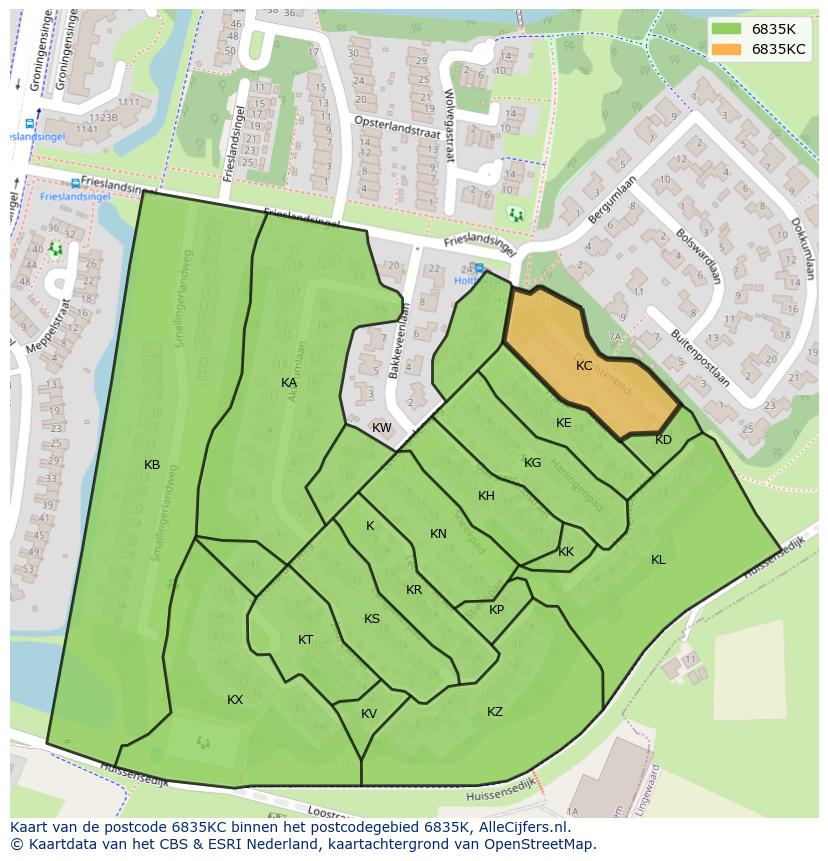 Afbeelding van het postcodegebied 6835 KC op de kaart.