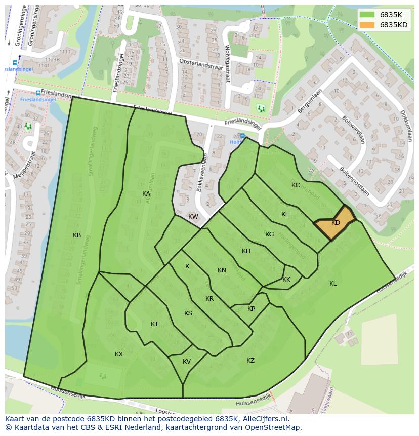 Afbeelding van het postcodegebied 6835 KD op de kaart.