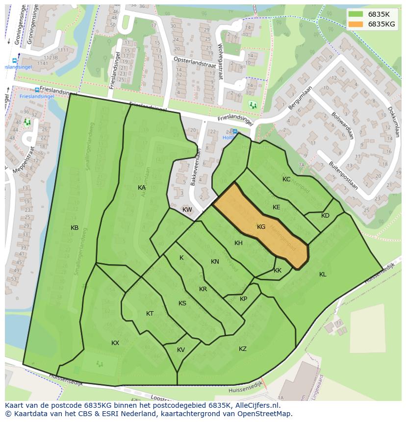 Afbeelding van het postcodegebied 6835 KG op de kaart.