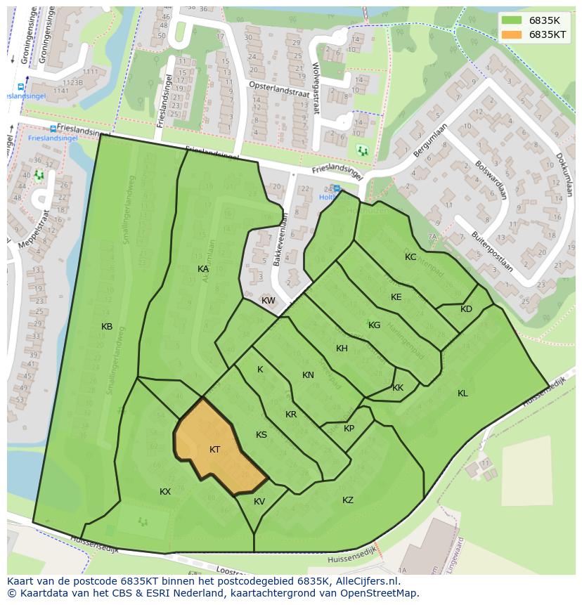 Afbeelding van het postcodegebied 6835 KT op de kaart.