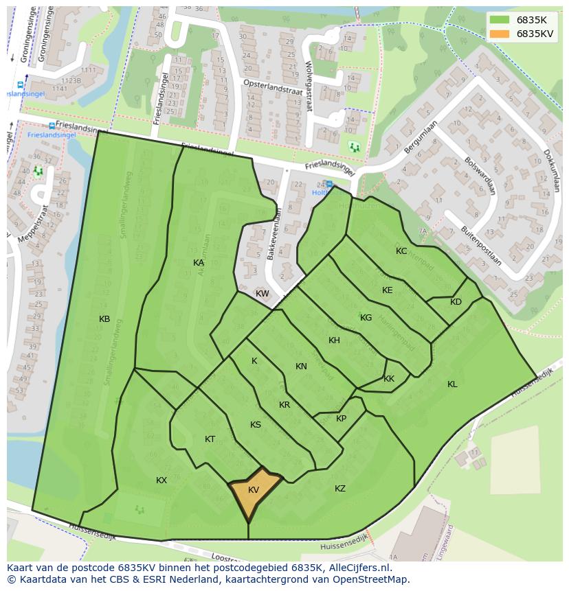 Afbeelding van het postcodegebied 6835 KV op de kaart.