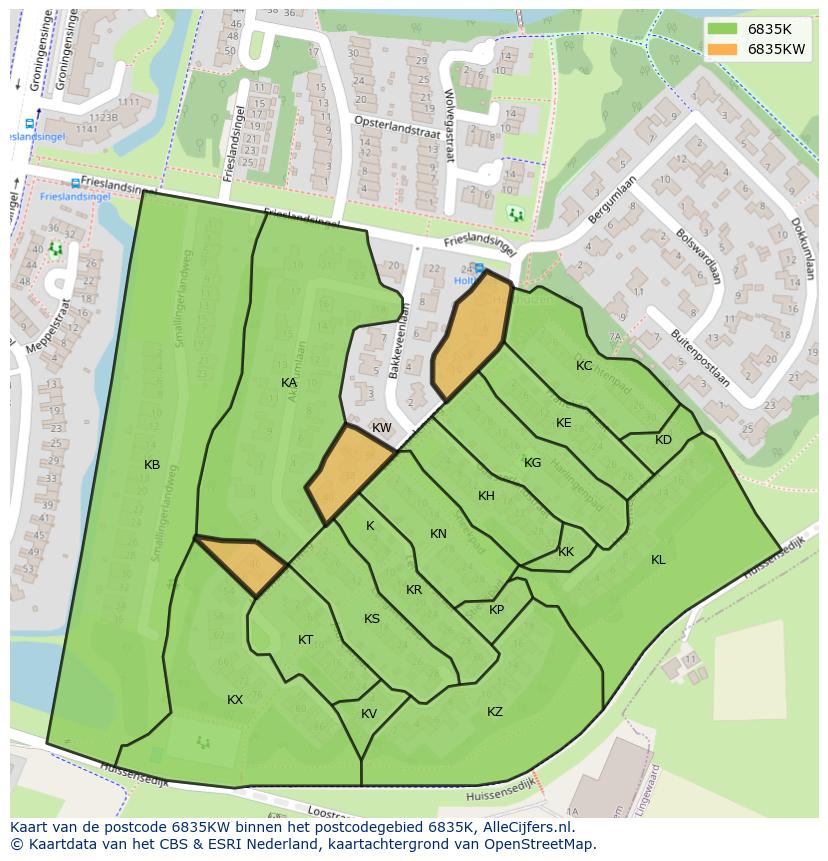 Afbeelding van het postcodegebied 6835 KW op de kaart.