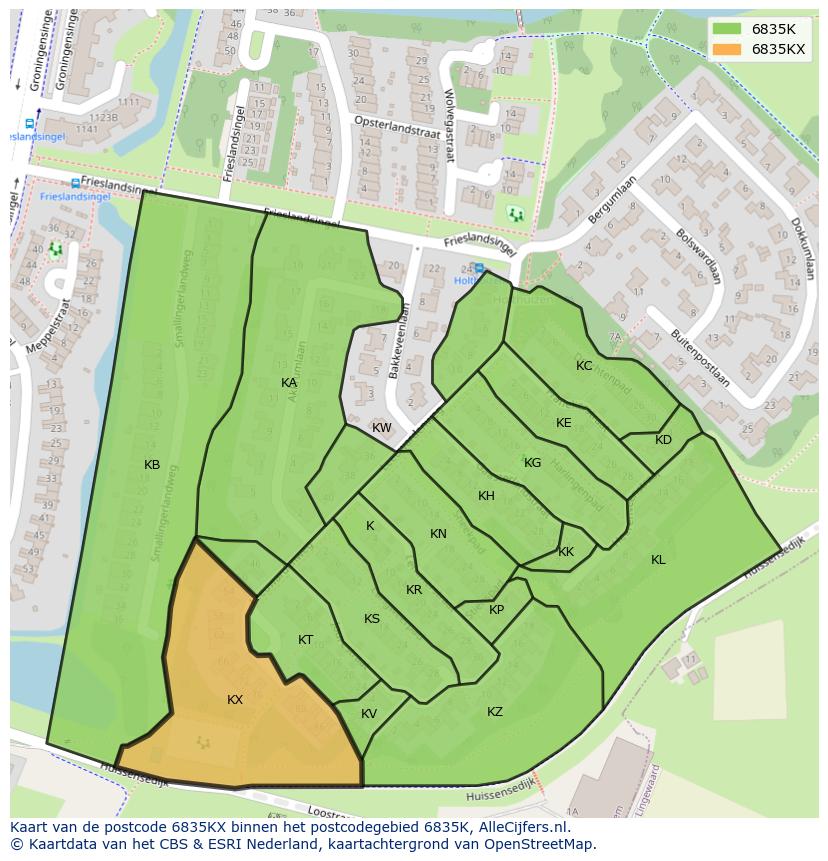 Afbeelding van het postcodegebied 6835 KX op de kaart.