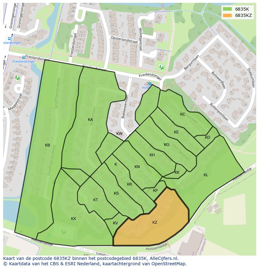 Afbeelding van het postcodegebied 6835 KZ op de kaart.
