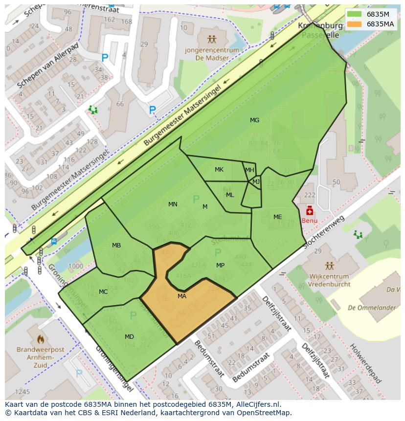 Afbeelding van het postcodegebied 6835 MA op de kaart.
